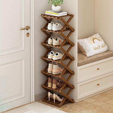Kiss Me Bamboo Folding 7-Tier Narrow Tall Shoe Rack Portable Brown