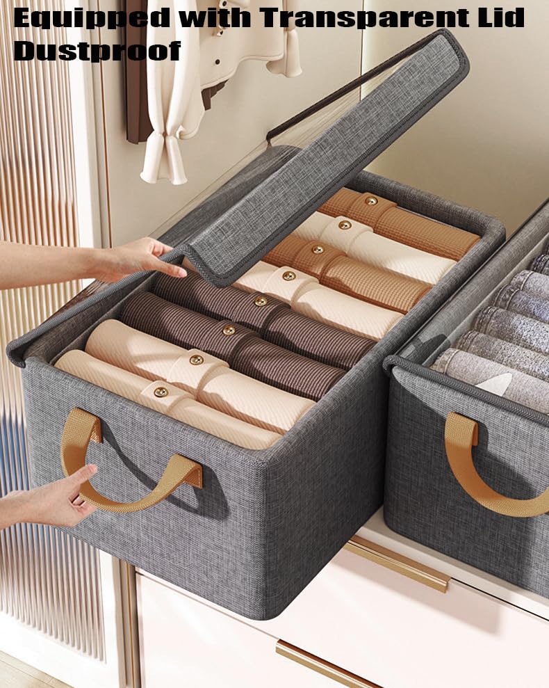AARAINBOW Closet Organizer Bins 6 Pc, Fabric Clothes Storage Boxes for Wardrobe, Stackable Foldable Storage Boxes with Lids & Metal Frame, 23L