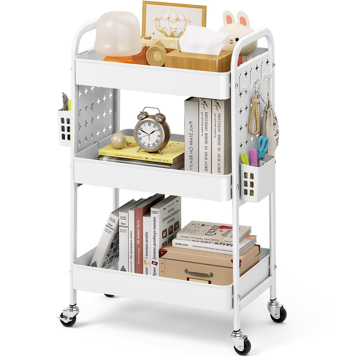 KINGRACK 3-Tier Rolling Cart with DIY Hanging Board, Metal Utility Cart with Wheels, Handles, Baskets & Hooks, Storage Organizer for Bathroom