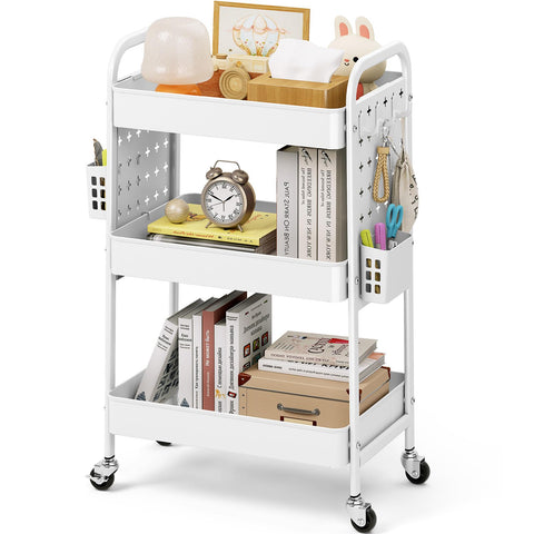 KINGRACK 3-Tier Rolling Cart with DIY Hanging Board, Metal Utility Cart with Wheels, Handles, Baskets & Hooks, Storage Organizer for Bathroom