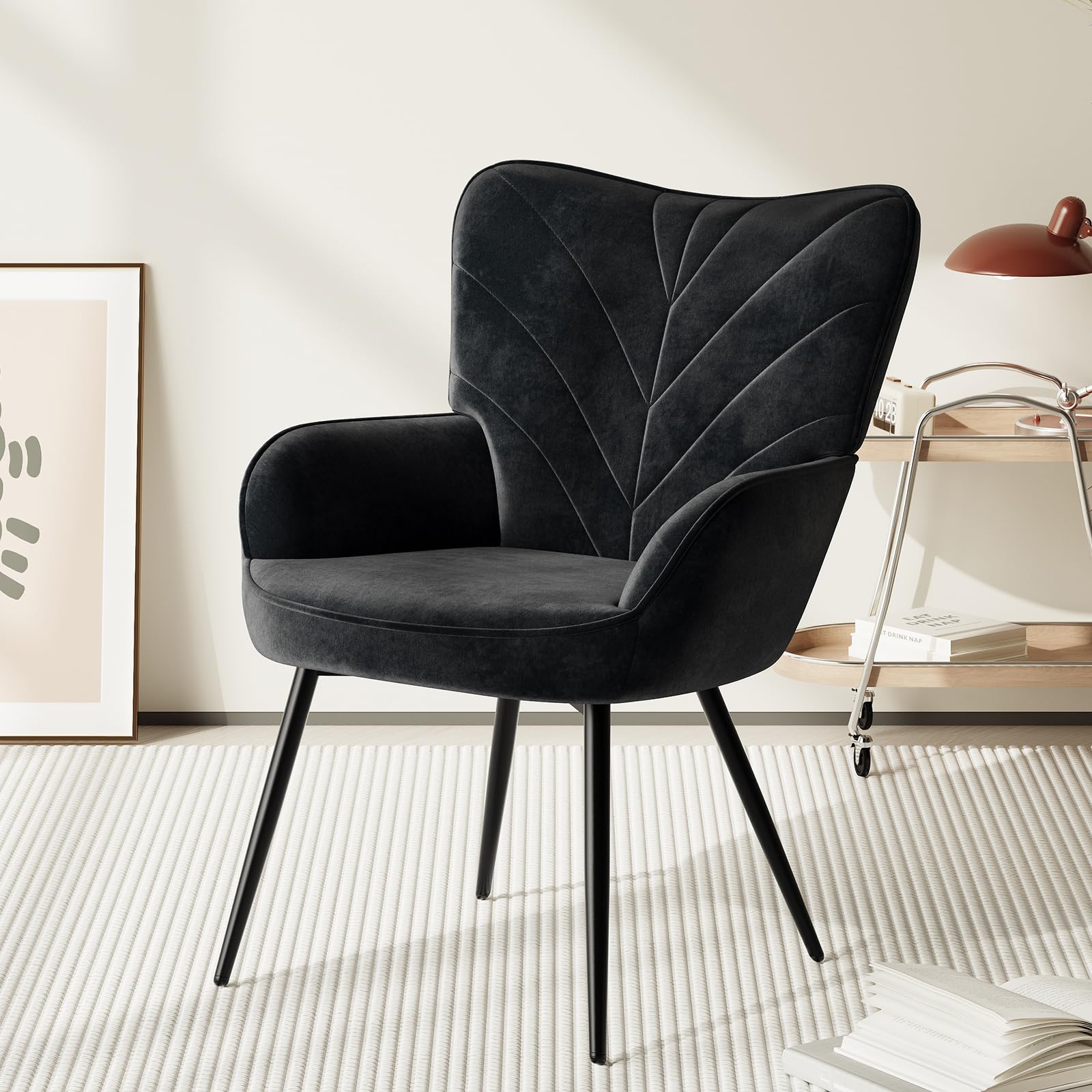 COLAMY Velvet Accent Chair with Black Metal Legs, Modern Armchair with Ergonomic Backrest