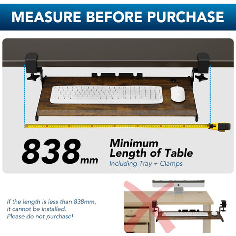 Keyboard Tray Under Desk Pull Out with Extra Sturdy C Clamp Mount System, 694 (838 mm Including Clamps) x 300 mm Slide-Out Platform Computer Drawer