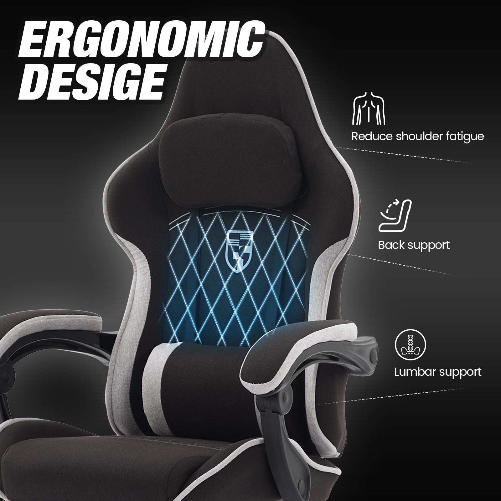 NIONIK Gaming Chair with Footrest and Massage Lumbar Cushion, Ergonomic Computer Chair with 135° Recline, Breathable Fabric, Headrest and 360° Swivel