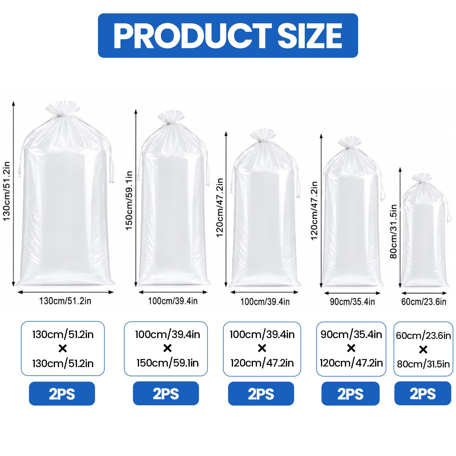 Extra Large Clear Plastic Storage Bags10PCS, 130*130 Etc Size Heavy Duty Waterproof Large Plastic Bags 100μm with 6 Cable Ties, 4 Straps