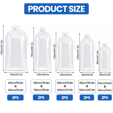 Extra Large Clear Plastic Storage Bags10PCS, 130*130 Etc Size Heavy Duty Waterproof Large Plastic Bags 100μm with 6 Cable Ties, 4 Straps