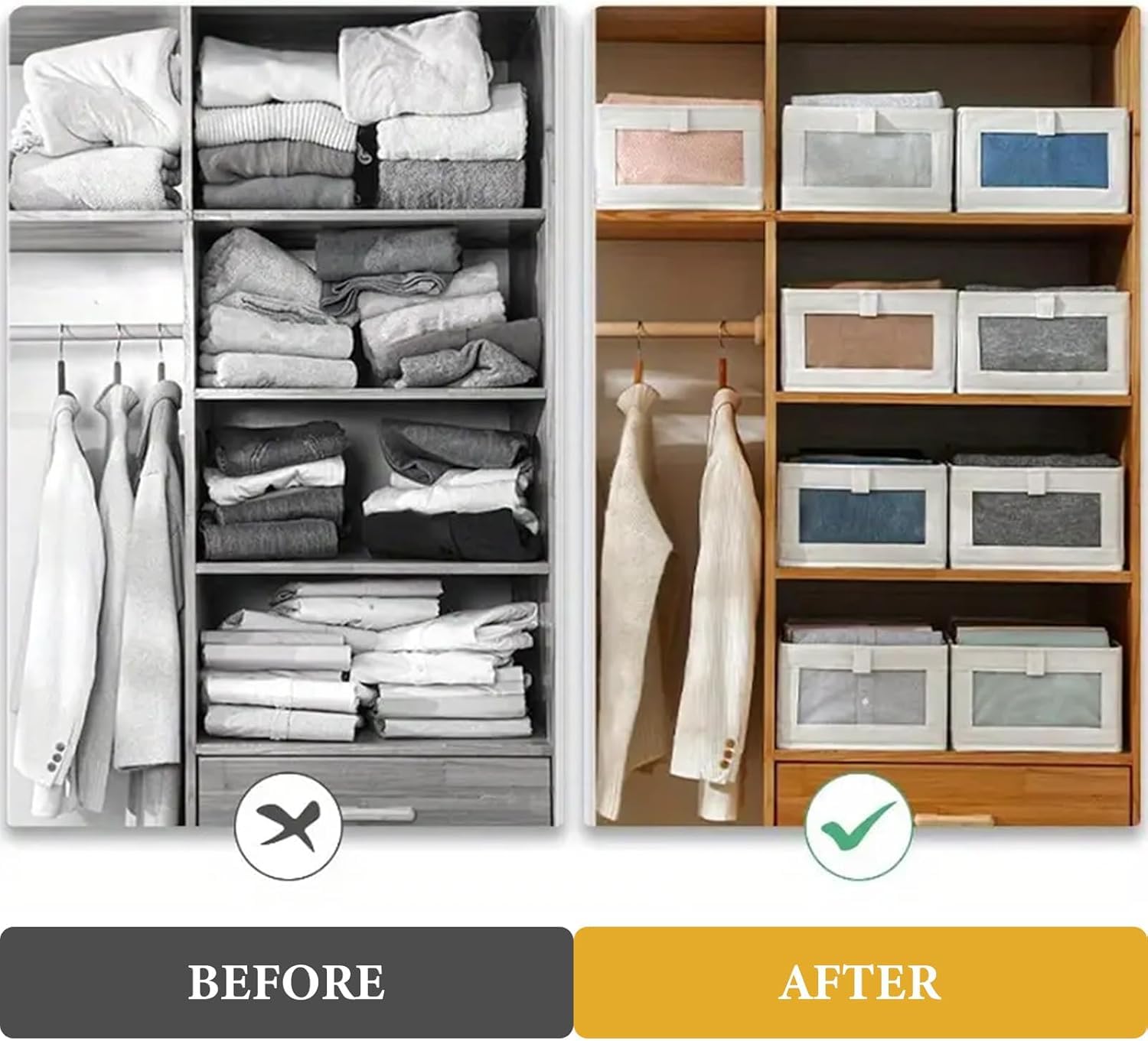 Wardrobe Storage Organiser Foldable - 6Pcs Drawer Organiser Clothes Fabric Storage Boxes Bin with Clear Window Shelf Stackable Clothing Storage Boxes