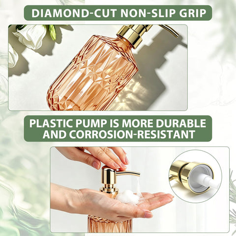 2 Pack Amber Glass Soap Dispenser 400ml | Thickened Non-Slip Pump