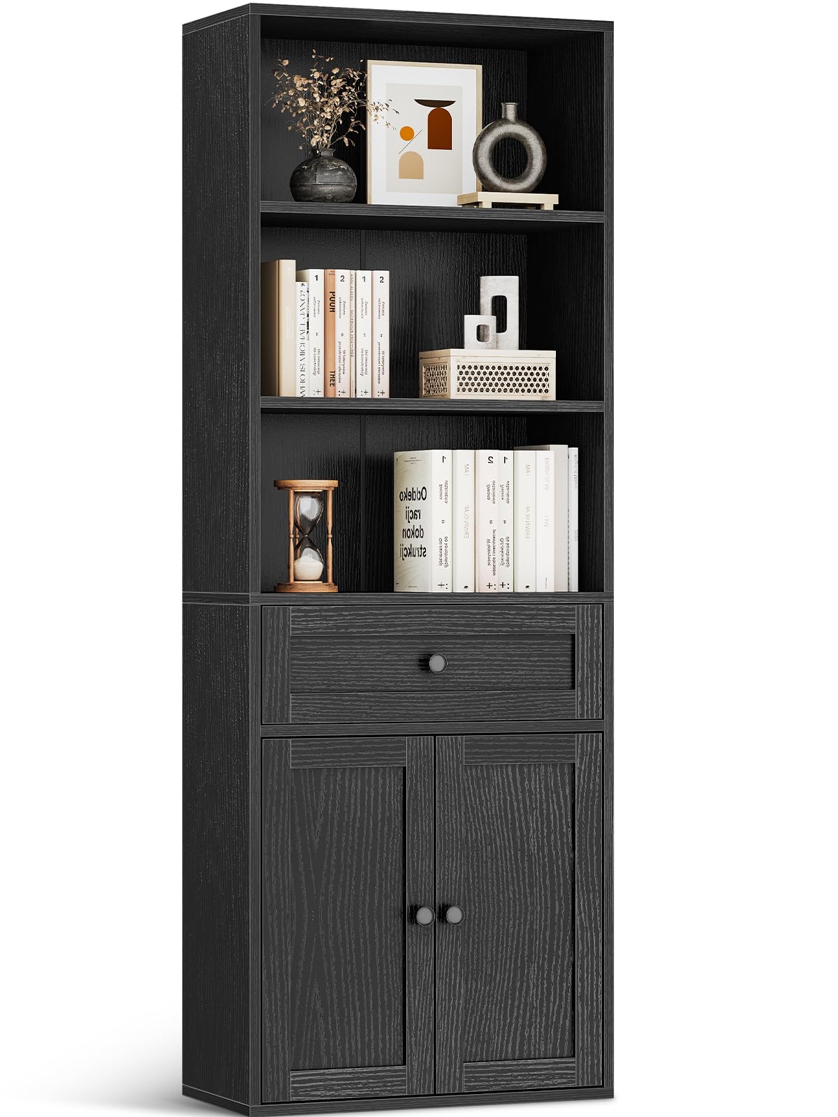 Coleshome 5-Tier Bookcase With Doors and Drawer, 48 x 24 x 164.2 cm, Black