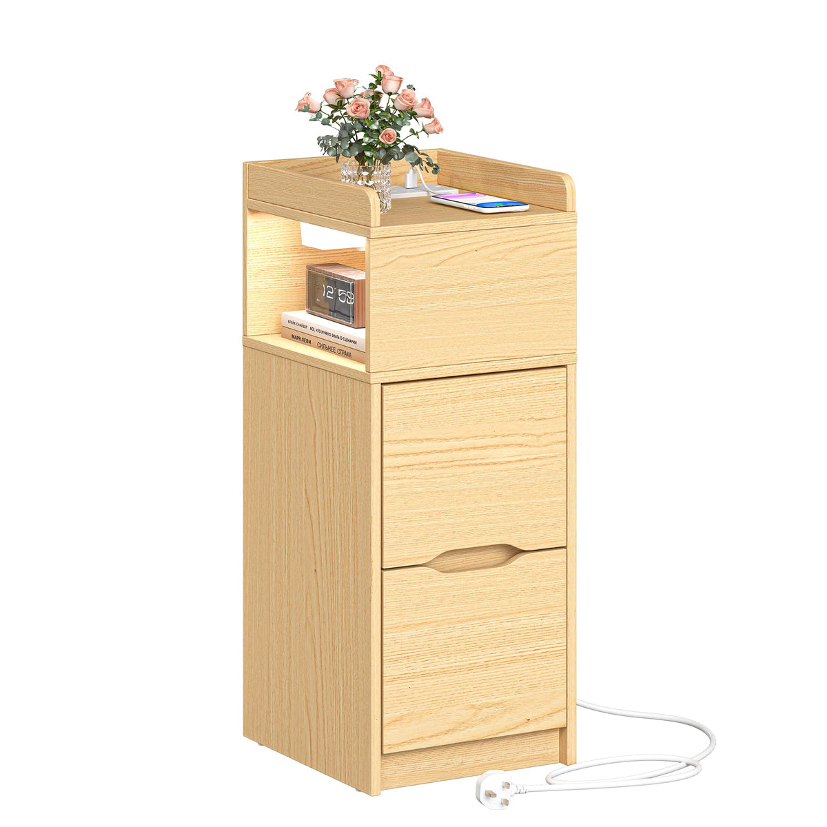 Quikraen Slim Bedside Table with Sensor LED Light and Charging Station