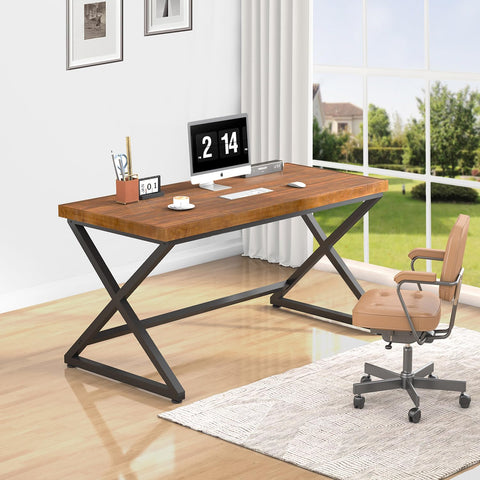 IBF Real Wood Computer Desk, Rustic Solid Wood Home Office Work Desk, Farmhouse WritingDesk for Study