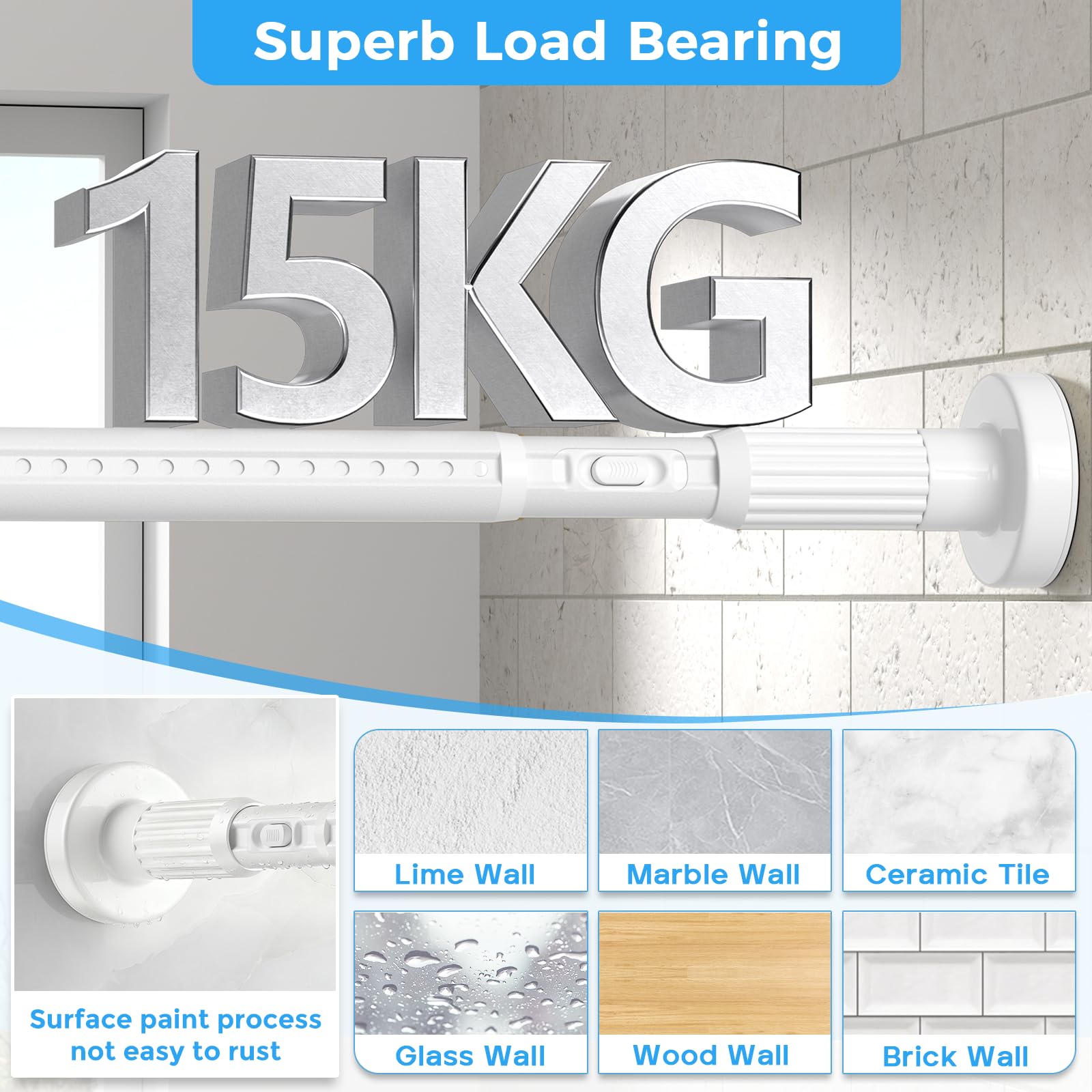 AIZESI White Shower Curtain Pole 104-322Cm, Extendable Curtain Poles Extra Long Tension Rod, Shower Curtain Rail Room Divider Curtain Rod