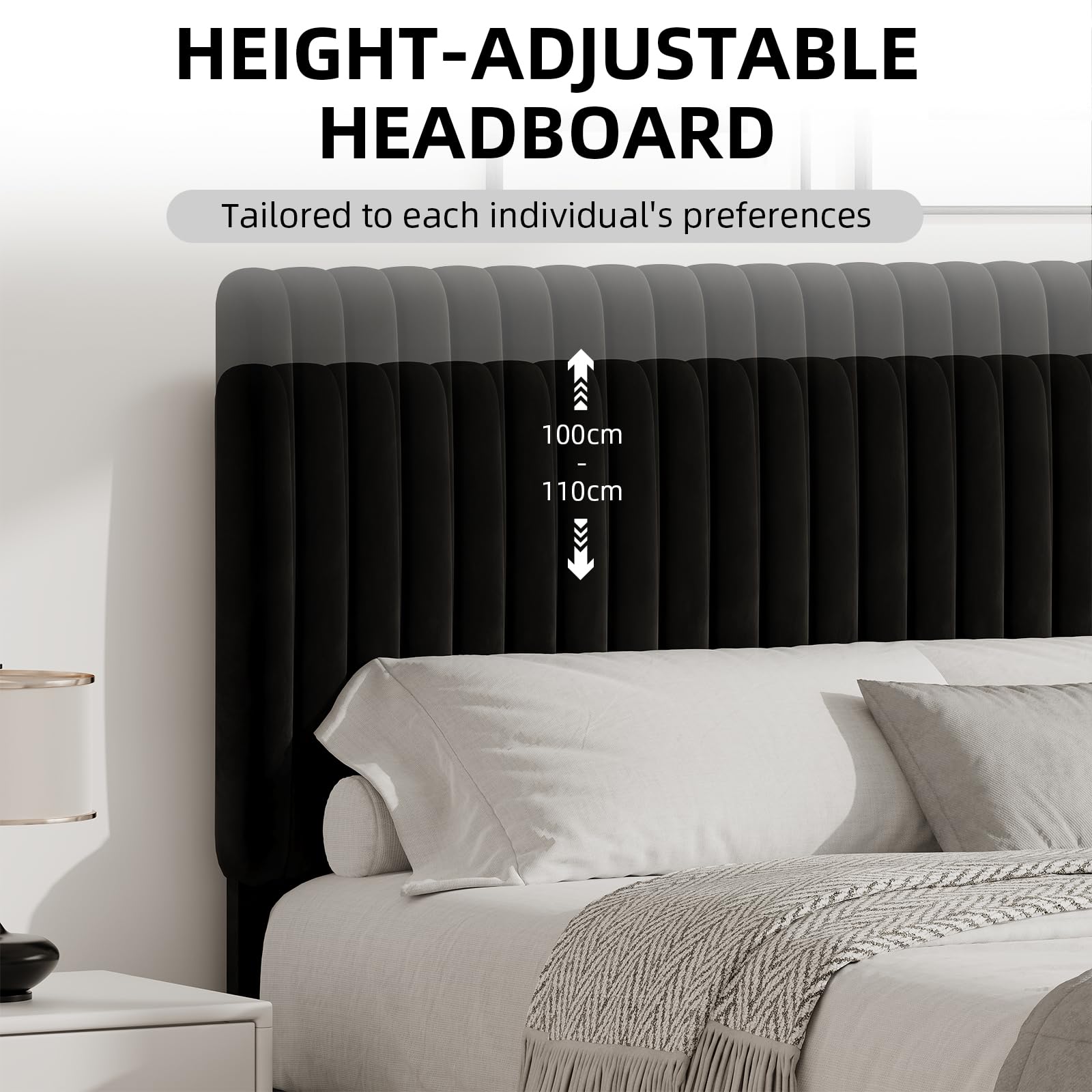 HOMBCK Single Bed Frame, 90 x 190 cm, Upholstered Bed with Velvet Headboard, Adjustable Height, Wooden Slat Support, No Box Spring Needed, Black