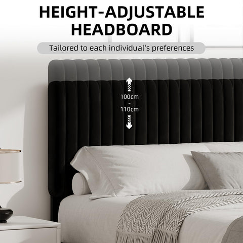 HOMBCK Single Bed Frame, 90 x 190 cm, Upholstered Bed with Velvet Headboard, Adjustable Height, Wooden Slat Support, No Box Spring Needed, Black