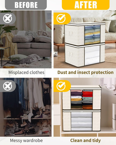 KALAHOL 90L Large Capacity Clothes Storage Bags with Zips, Storage Boxes with Lids, Foldable, Reinforced Handle, Thick Fabric, for Comforters