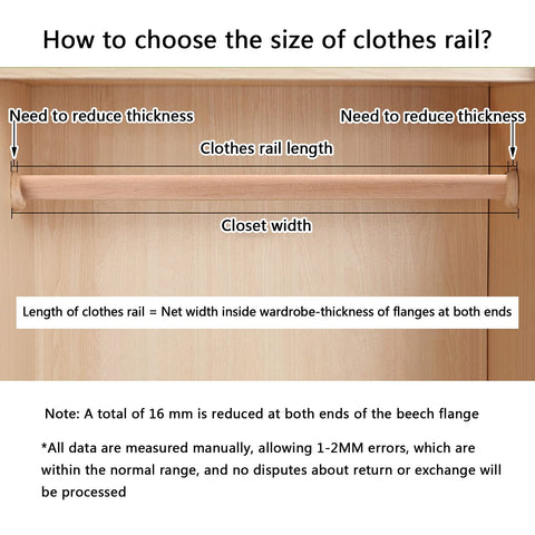 Wardrobe Rod, Natural Beech Wood Heavy Duty Closet Rod with 2 Bracket Support And Screws, Easy To Install
