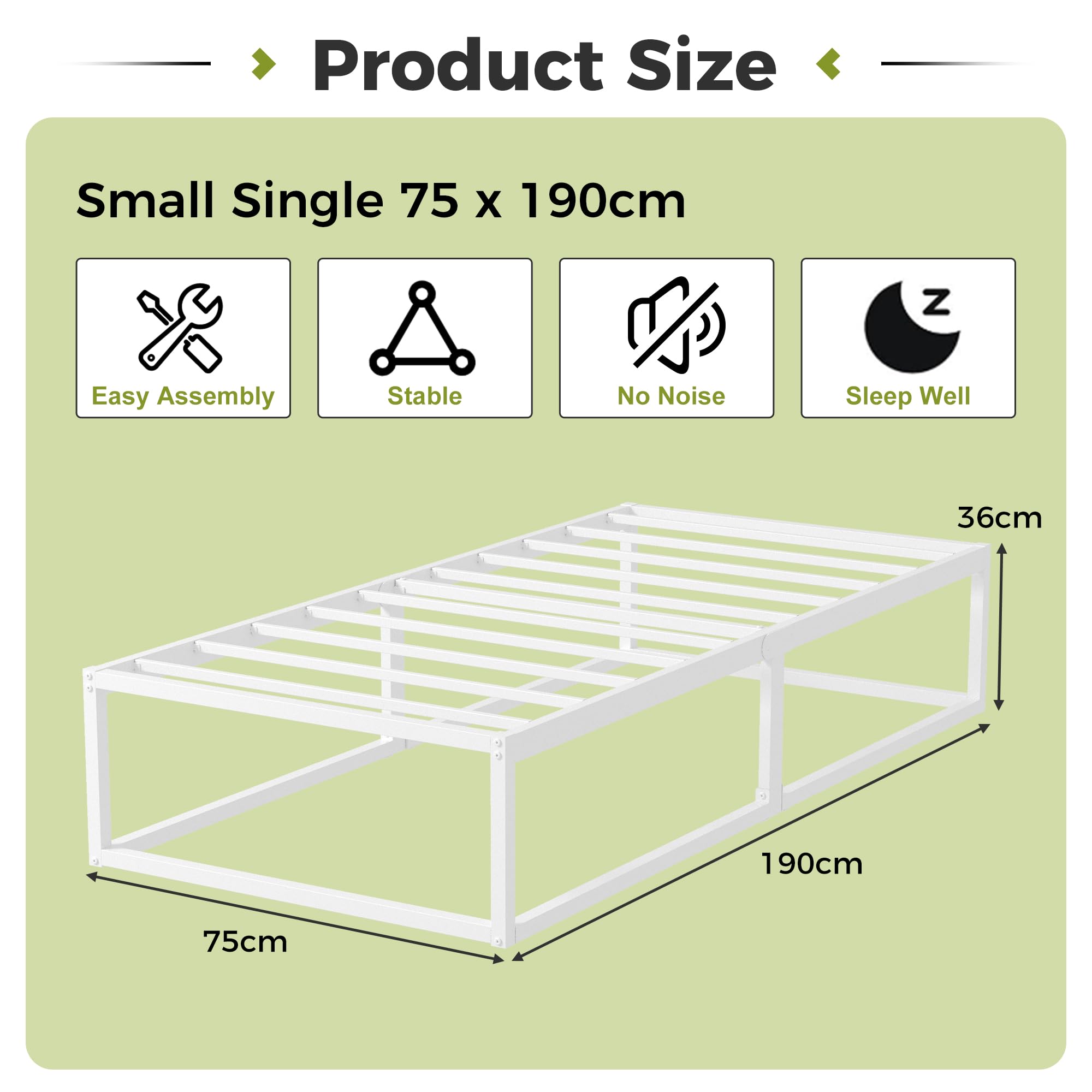 EMODA Small Single Bed Frame 36cm High with Steel Slats Support, White