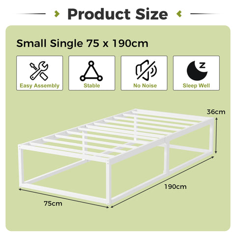 EMODA Small Single Bed Frame 36cm High with Steel Slats Support, White