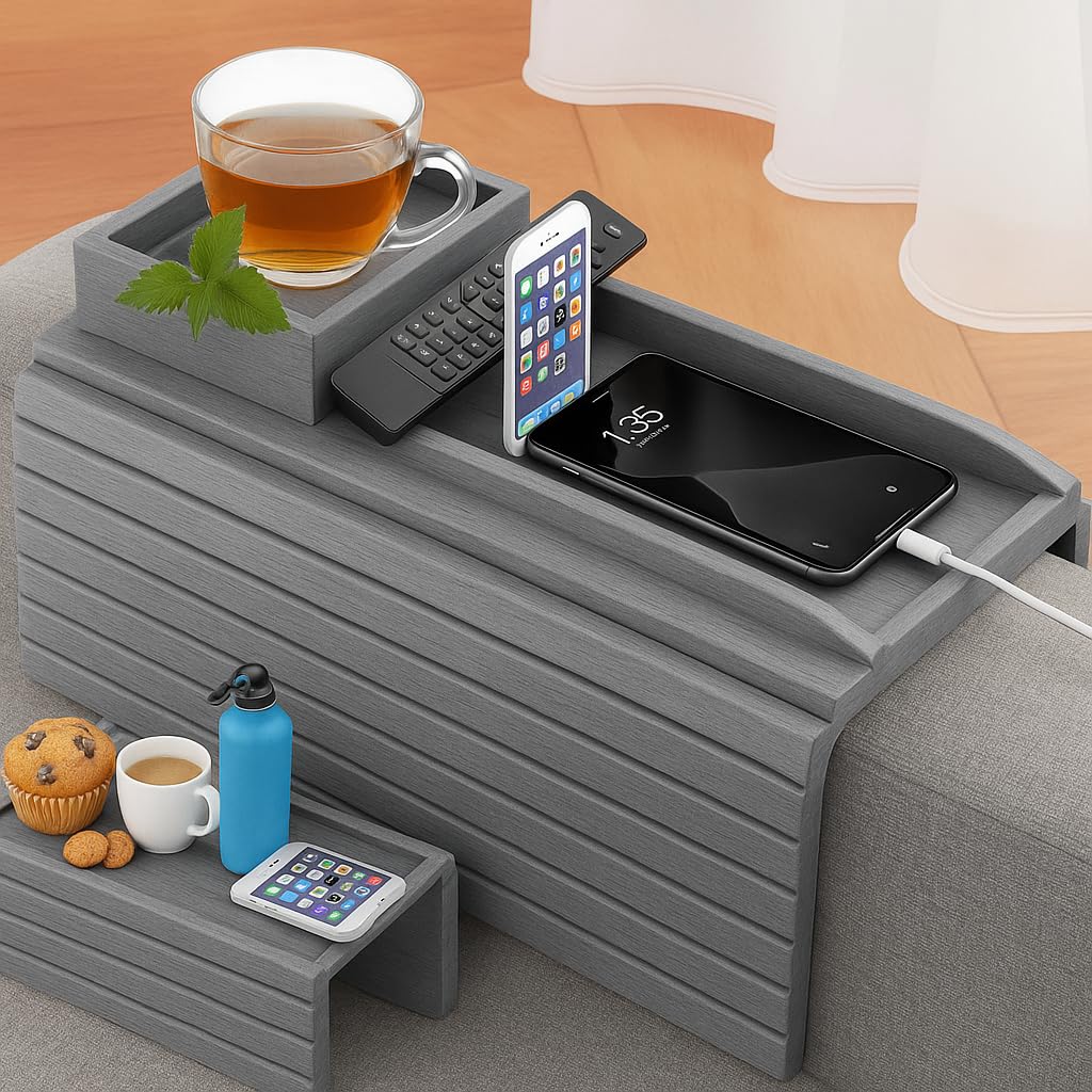 Naturebuz 2-in-1 Wooden Sofa Tray Table with Detachable Tray Bamboo Armrest Table Non-Slip fCups, Remotes, Bottles, Food, Drinks and Phones (Grey)