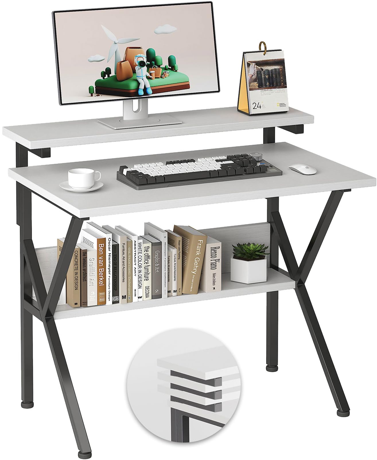 COTUBLR 70 x 48 cm Desk, Small Computer Desk for Small Spaces, Gaming Desk with Adjustable Monitor Stand, Modern Simple Style Compact Desk