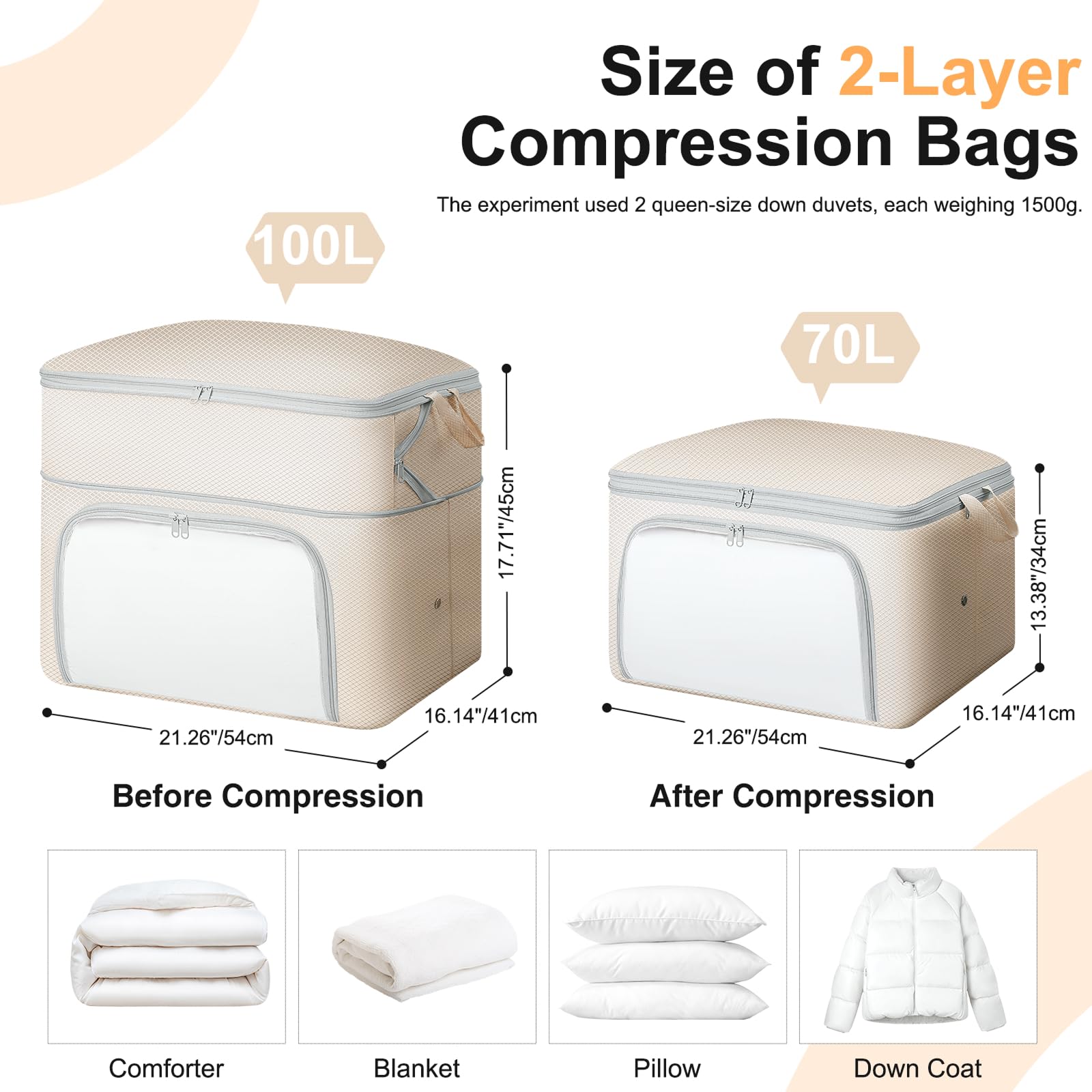 DIMJ Compression Duvet Storage Bags - 2 Pack 200L Self No Pump Compress Bags Bedding Box with Clear Front-Opening Window Dual Handles and Labels for