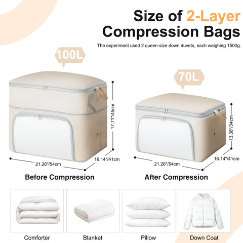DIMJ Compression Duvet Storage Bags - 2 Pack 200L Self No Pump Compress Bags Bedding Box with Clear Front-Opening Window Dual Handles and Labels for