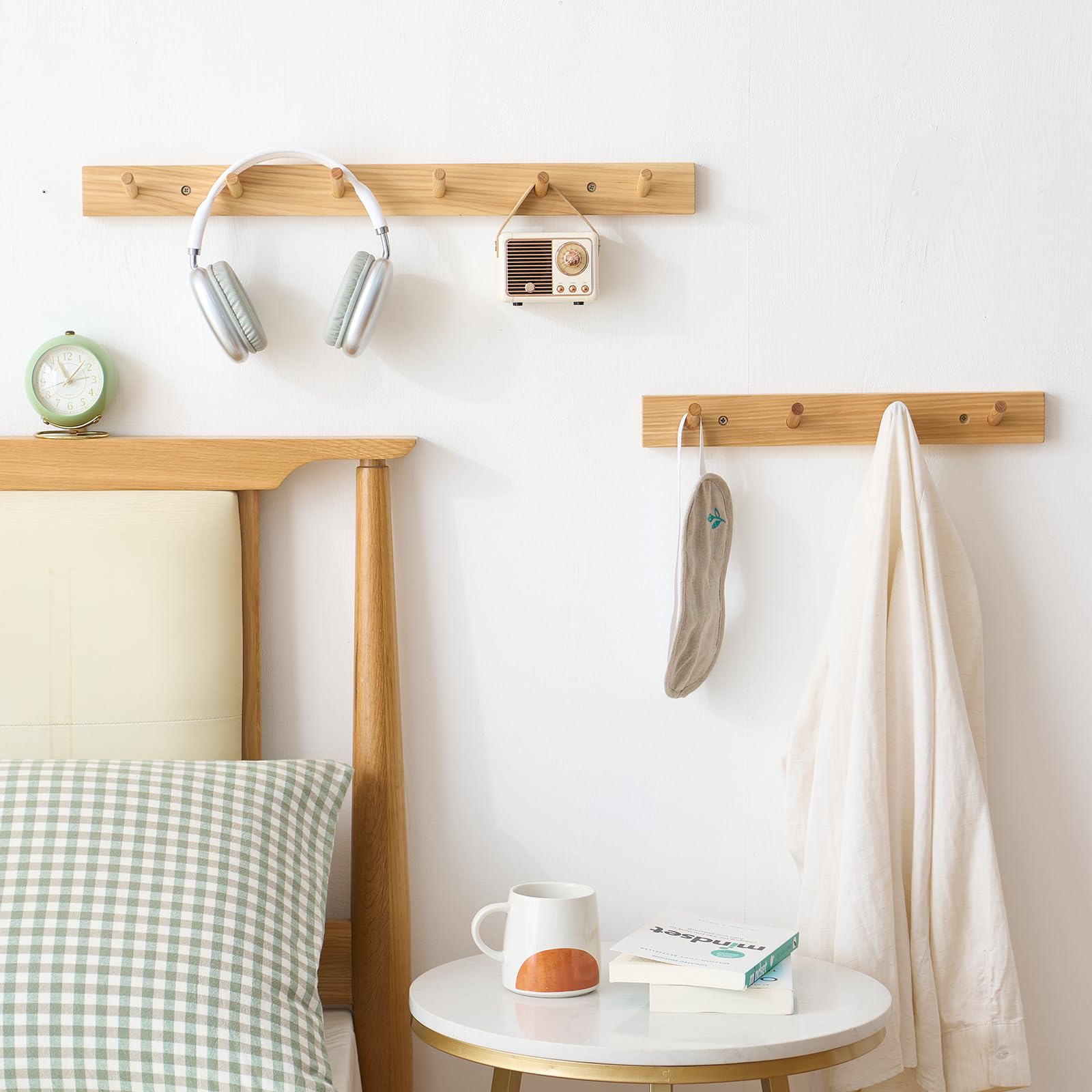 TREOAKWIS Coat Hooks Wall Mounted, 40cm Wooden Coat Rack with 4 Hooks