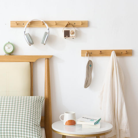 TREOAKWIS Coat Hooks Wall Mounted, 40cm Wooden Coat Rack with 4 Hooks