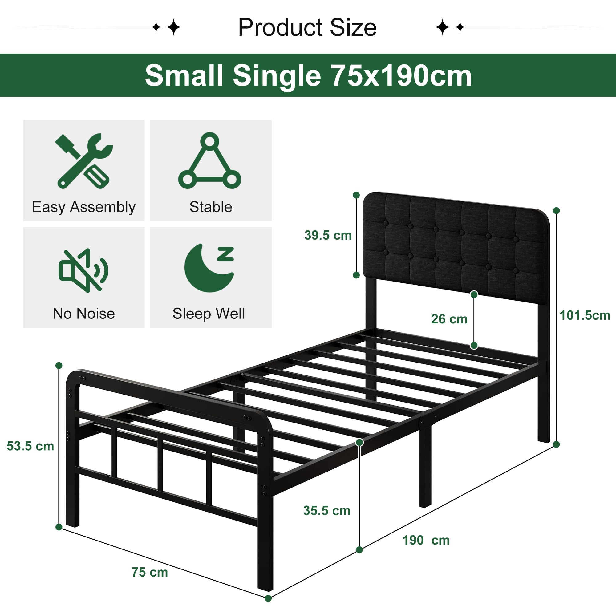 EMODA Small Single Bed Frame with Upholstered Headboard and Footboard,