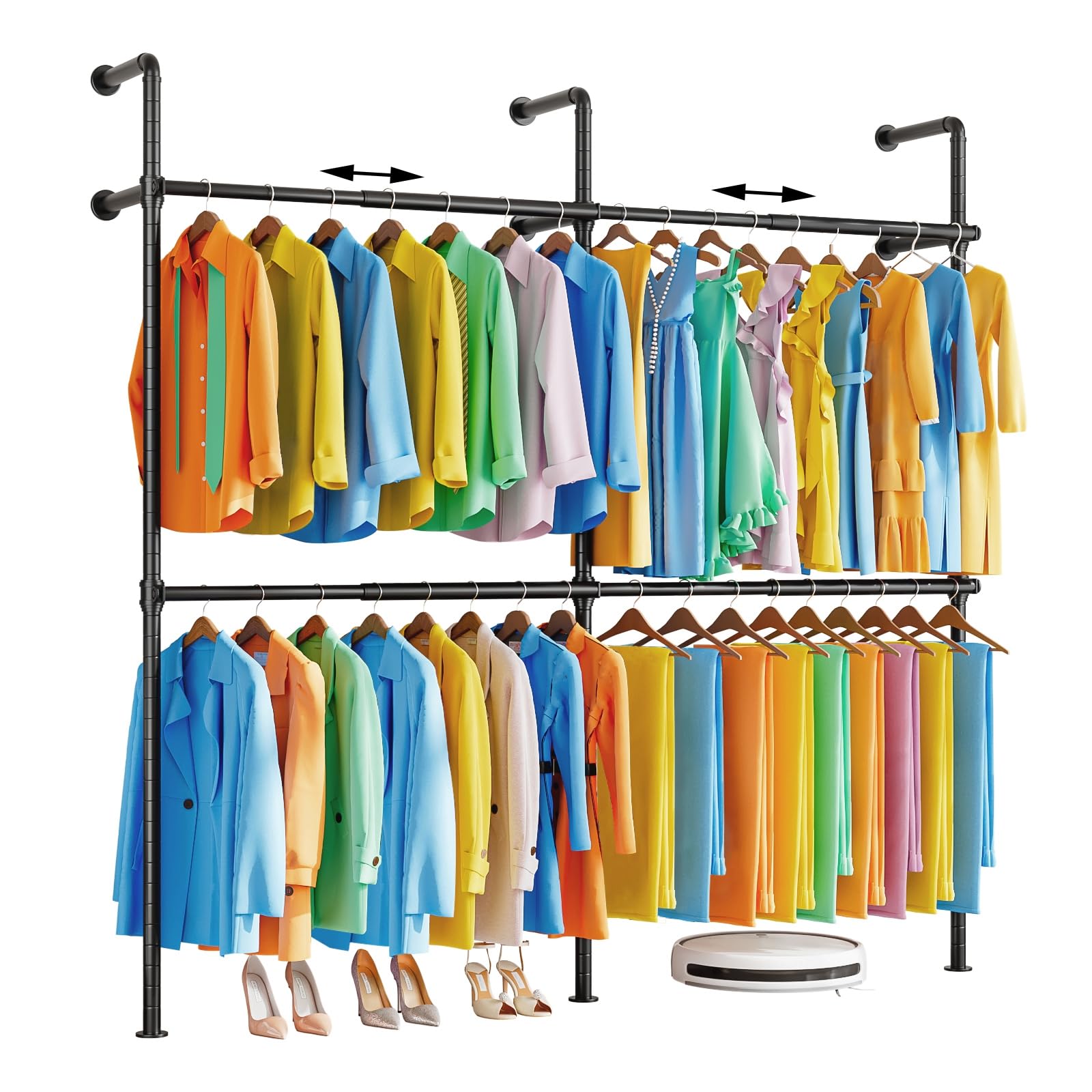 KZOBYD Extendable Wall Mounted Clothes Rails, Width 124 cm to 219 cm, Black