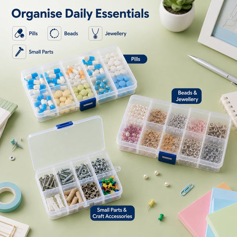 Luxiremi Organiser Box 2Pcs Small Craft Storage Boxes with Compartments Clear Plastic Storage Earring Containers Jewellery Screw Box with Adjustable