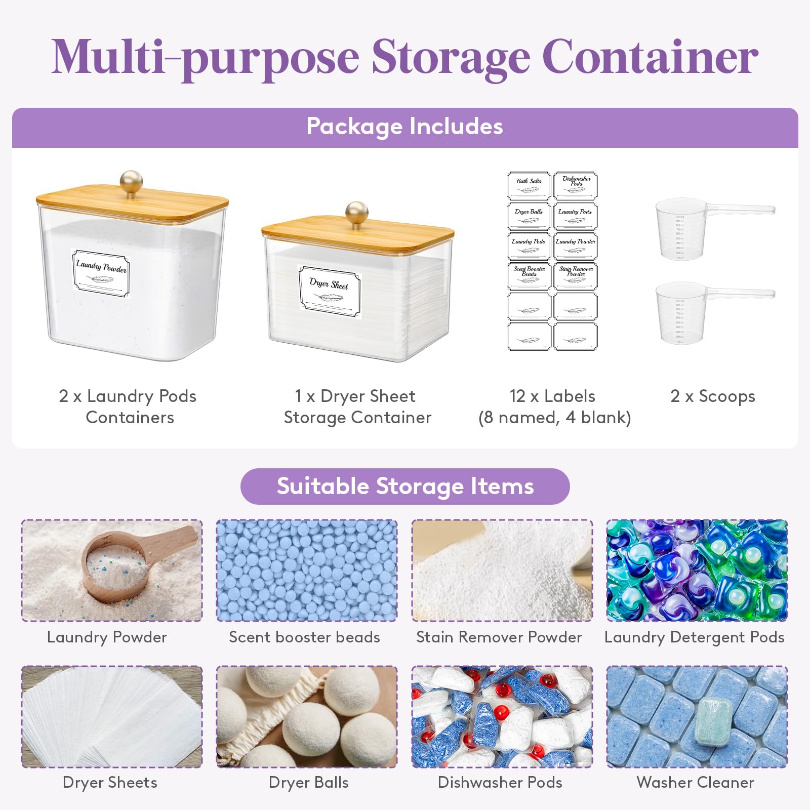 Lifewit Laundry Pods Container with Label Sticker& Scoop, 2.6+2L, 2 Pcs