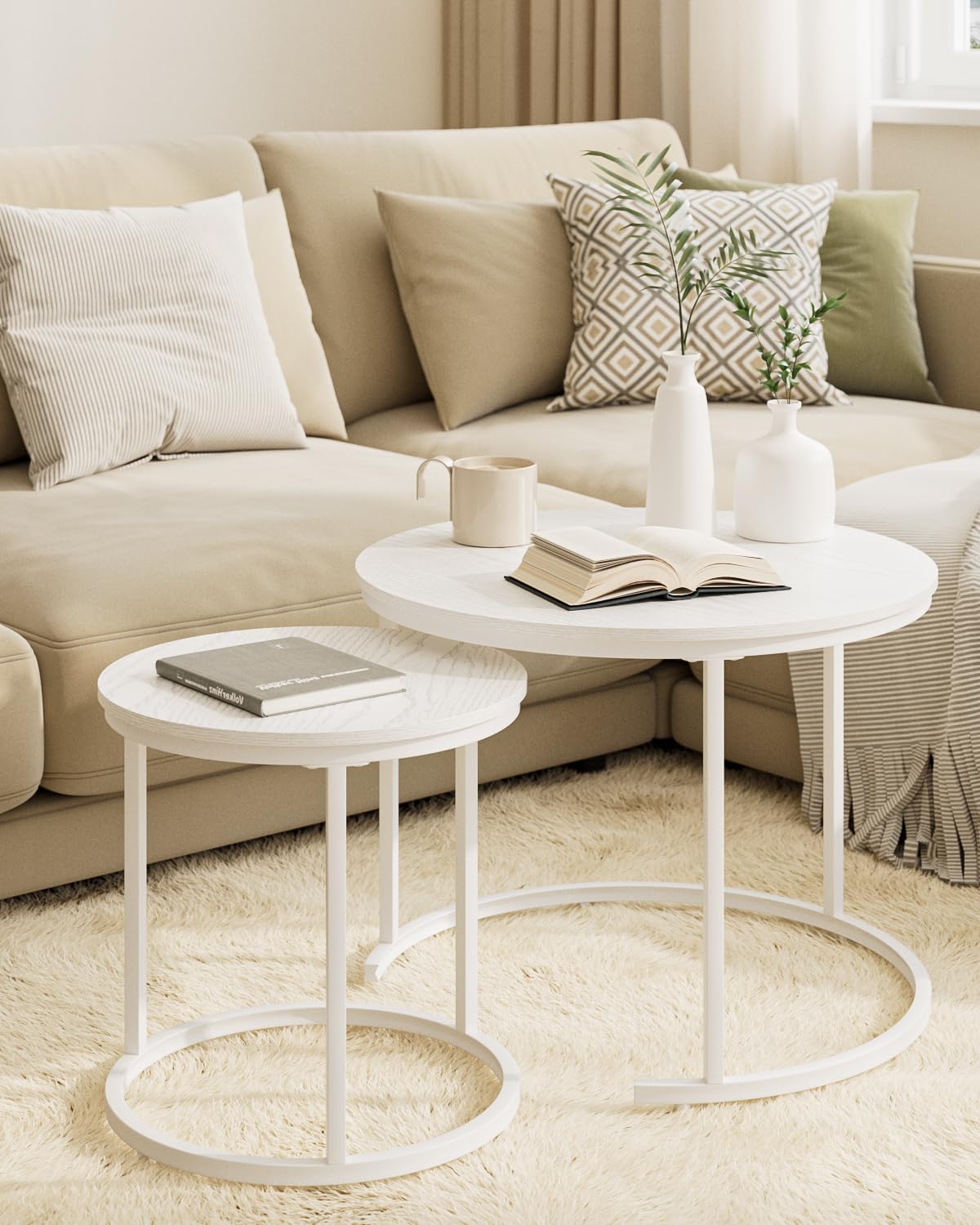 HEYZOEY Round Coffee Tables, Removable Set of 2 End Table, Nesting Tables with White Metal Frame Legs and Wooden white Top for Living Room, Bedroom