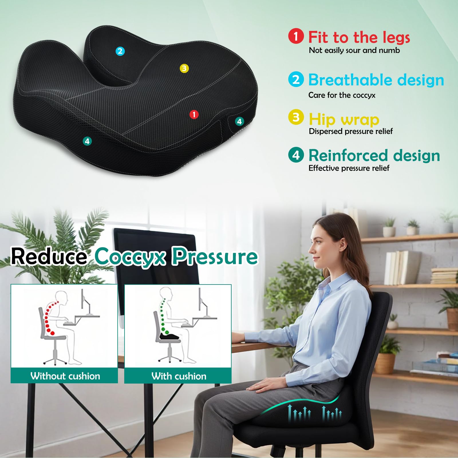 Memory Foam Seat Cushion for Long Sitting, Ergonomic Tailbone Coccyx Pain Relief, Orthopedic Viscoelastic Pad with Washable Non Slip Cover