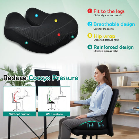 Memory Foam Seat Cushion for Long Sitting, Ergonomic Tailbone Coccyx Pain Relief, Orthopedic Viscoelastic Pad with Washable Non Slip Cover