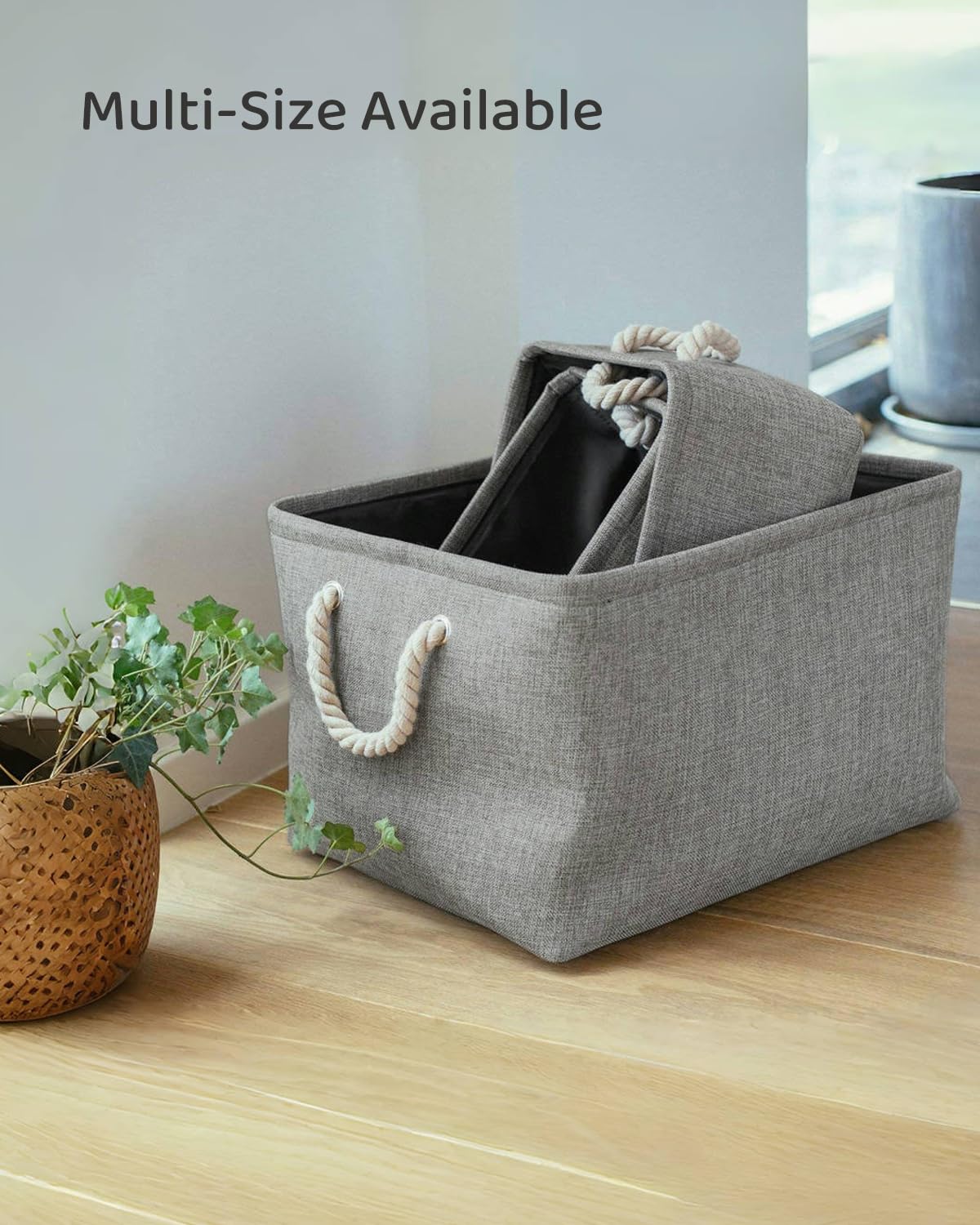 Mangata Collapsible Storage Boxes, Open Storage Baskets for Shelves 3 Pack (Grey, Medium)