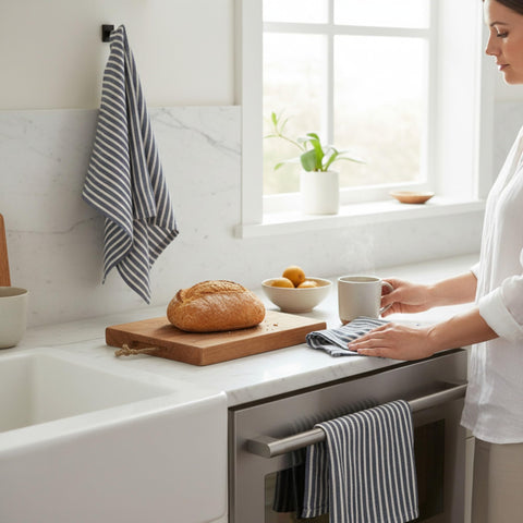 Eight Owls Stonewashed Linen Kitchen Dish Towels – 50 x 68 cm – 100% Pure Linen Tea Towel/Hand Towel - set of 2 (Navy Stripe)