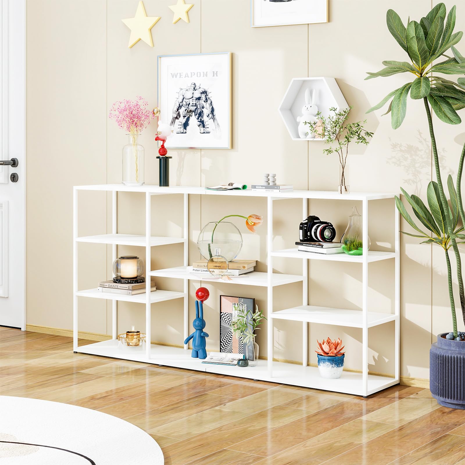 HDANI 160cm Extra Long Sofa Console Table,Narrow Modern Entryway Table Behind Couch with Storage Shelves,4 tier Shelf Bookshelf for Living