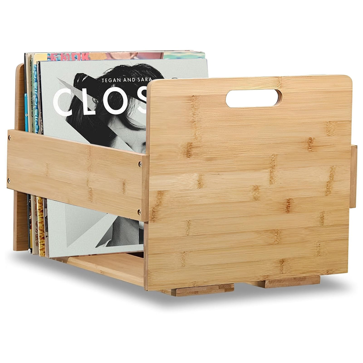 ZOFUN Record Storage Box Large, 40 x 35.5 x 31.5 cm Vinyl Record Storage Case with Handles, Bamboo Lp Storage Boxes with Fixing Screws
