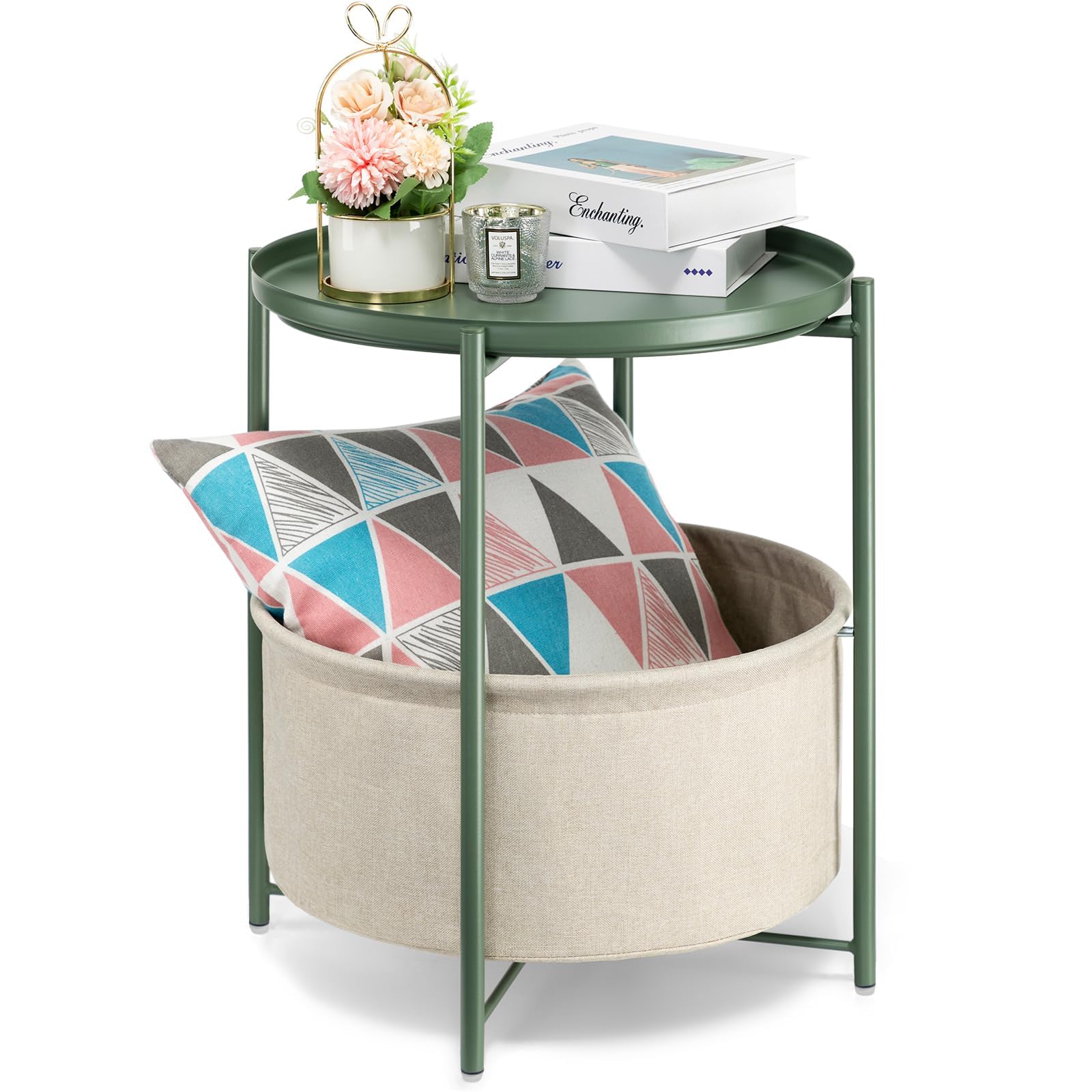 danpinera Round Side Table with Fabric Storage Basket, Metal Side Table Small Bedside Nightstand with Removable Tray for Living Room, Bedroom