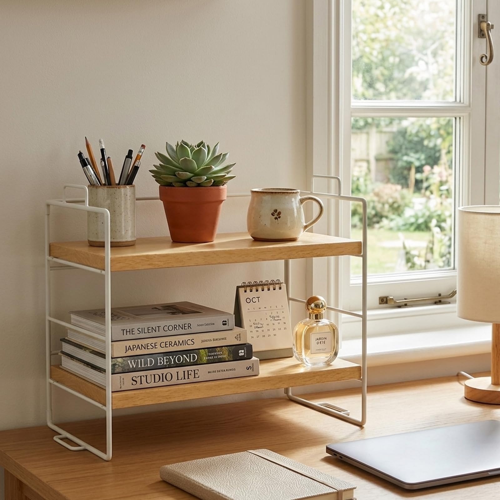 Milky Way Desktop Bookshelf Organizer, 2-Tier Wood Desk Shelf, White Frame