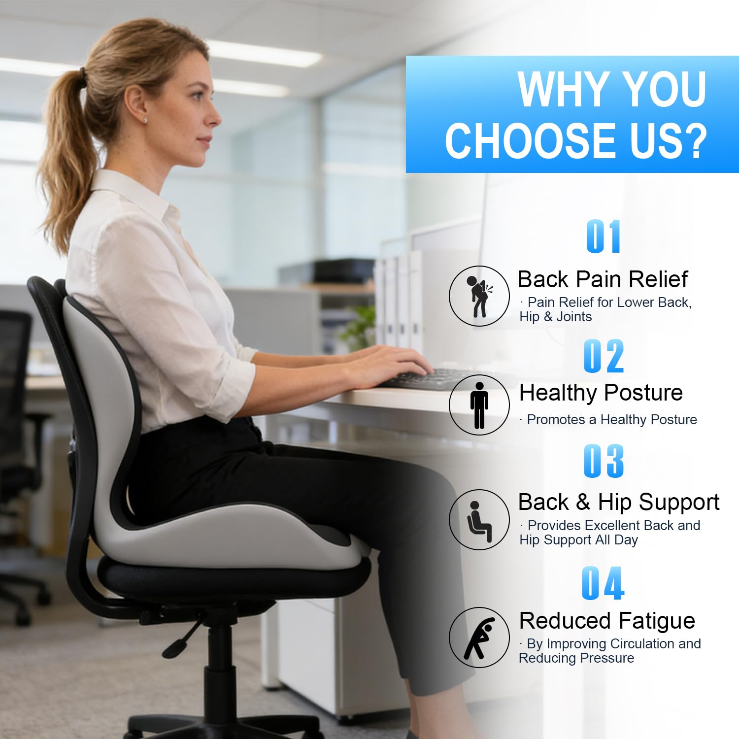 Gresonic Ergonomic Memory Foam Seat Cushion, For Office, Car, Gaming & Dining Chairs, Sciatica, Tailbone & Coccyx Pain Relief
