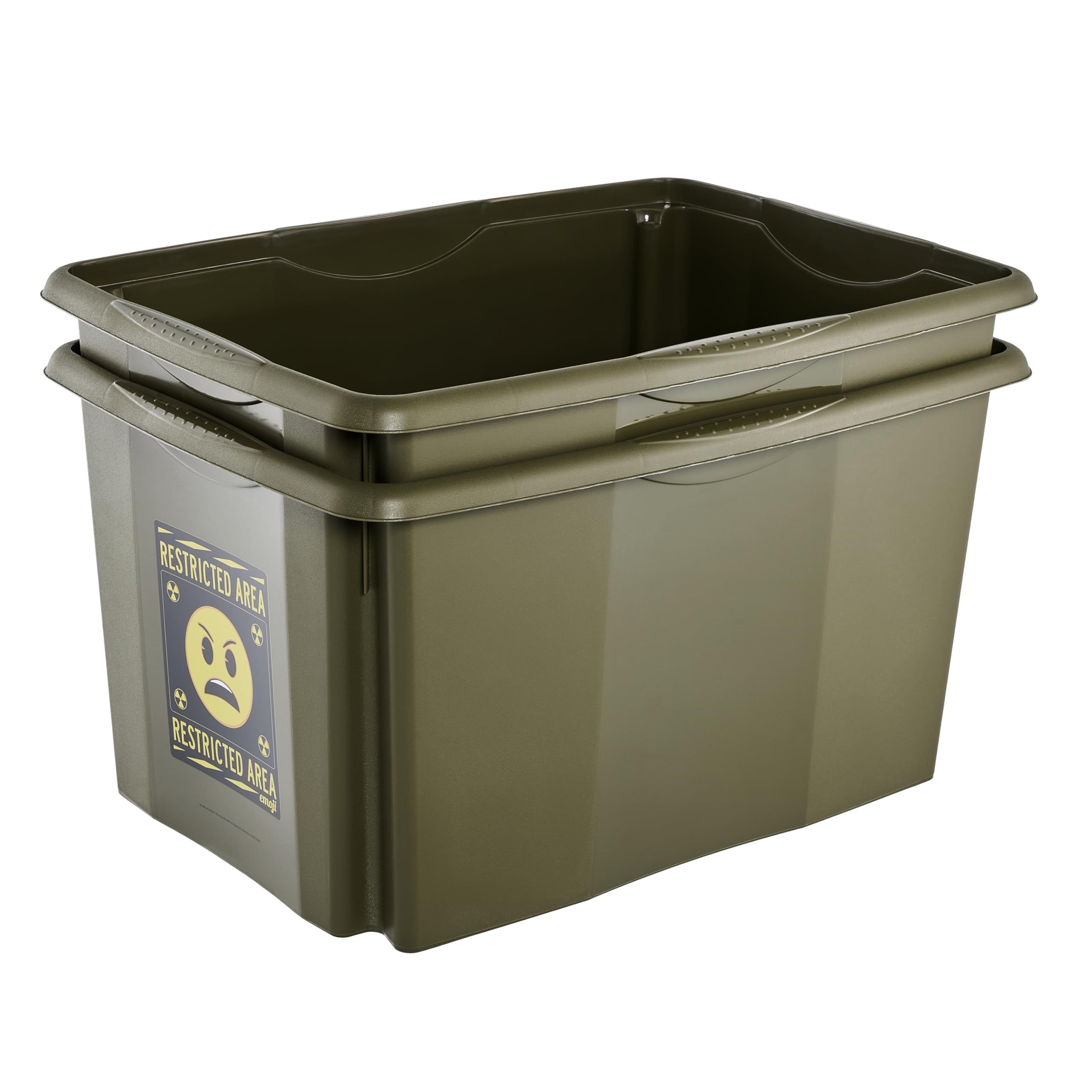 keeeper karolina storage box with lid, 45 l, stackable and nestable, Emoji Danger design, For children, Olive green (Olive)
