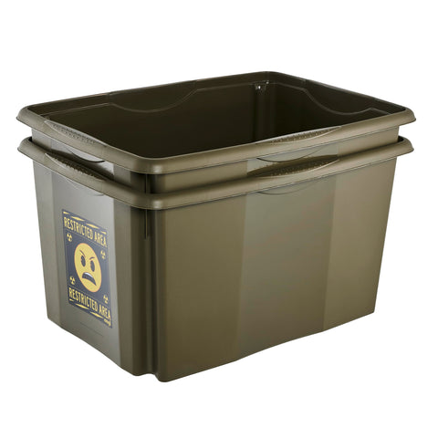 keeeper karolina storage box with lid, 45 l, stackable and nestable, Emoji Danger design, For children, Olive green (Olive)