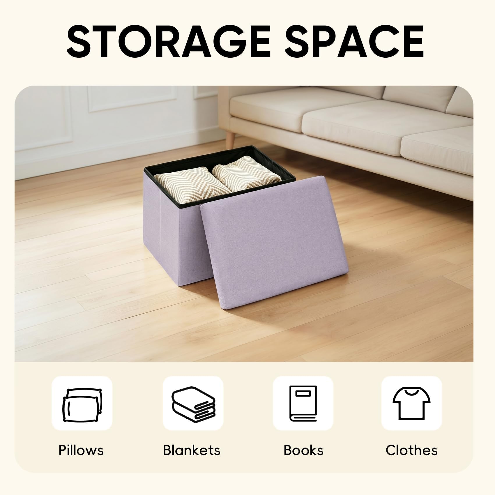 PINPLUS Folding Storage Box Ottoman, Linen Small Footstool, Light Purple