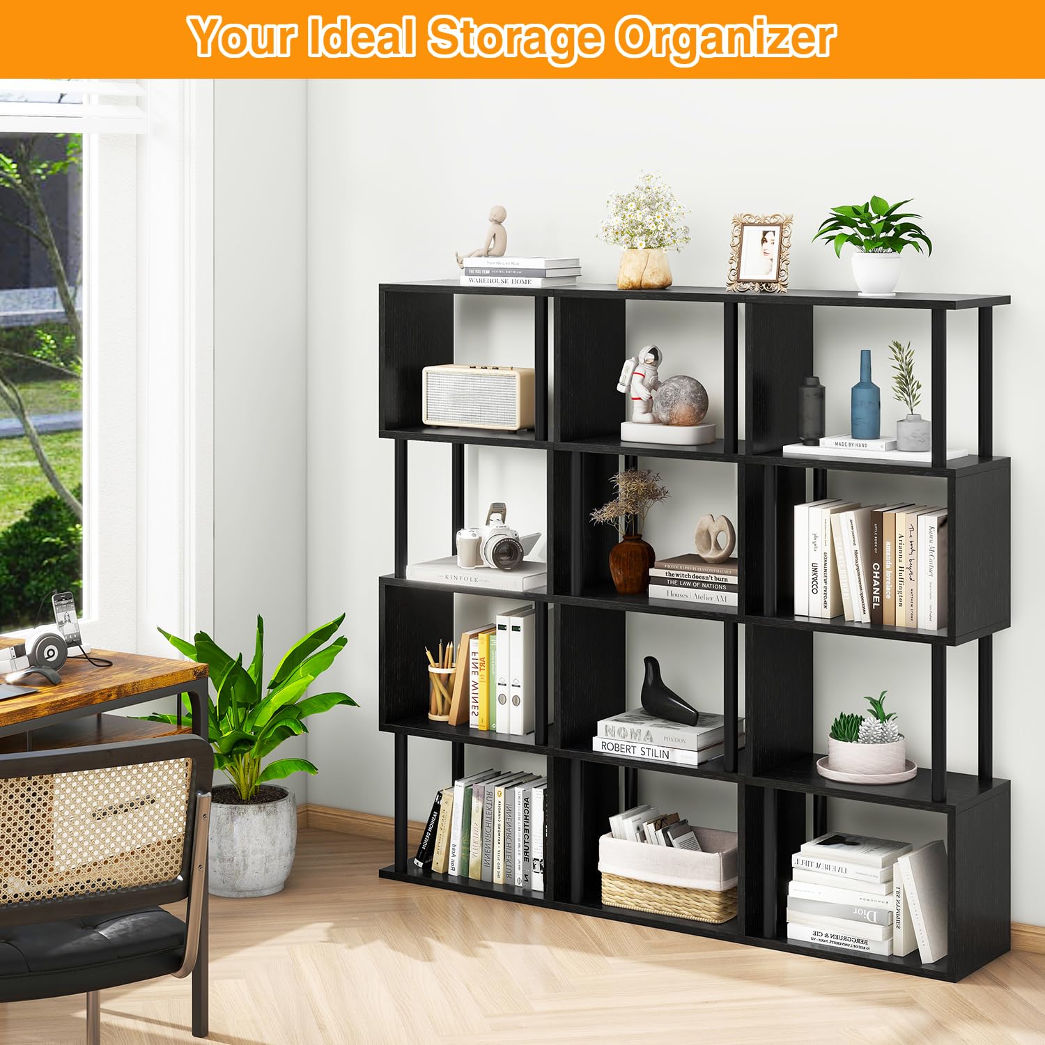 IBUYKE 5-Tier Tall Bookshelf,S-Shaped Geometric Bookcase,Black WBC015B