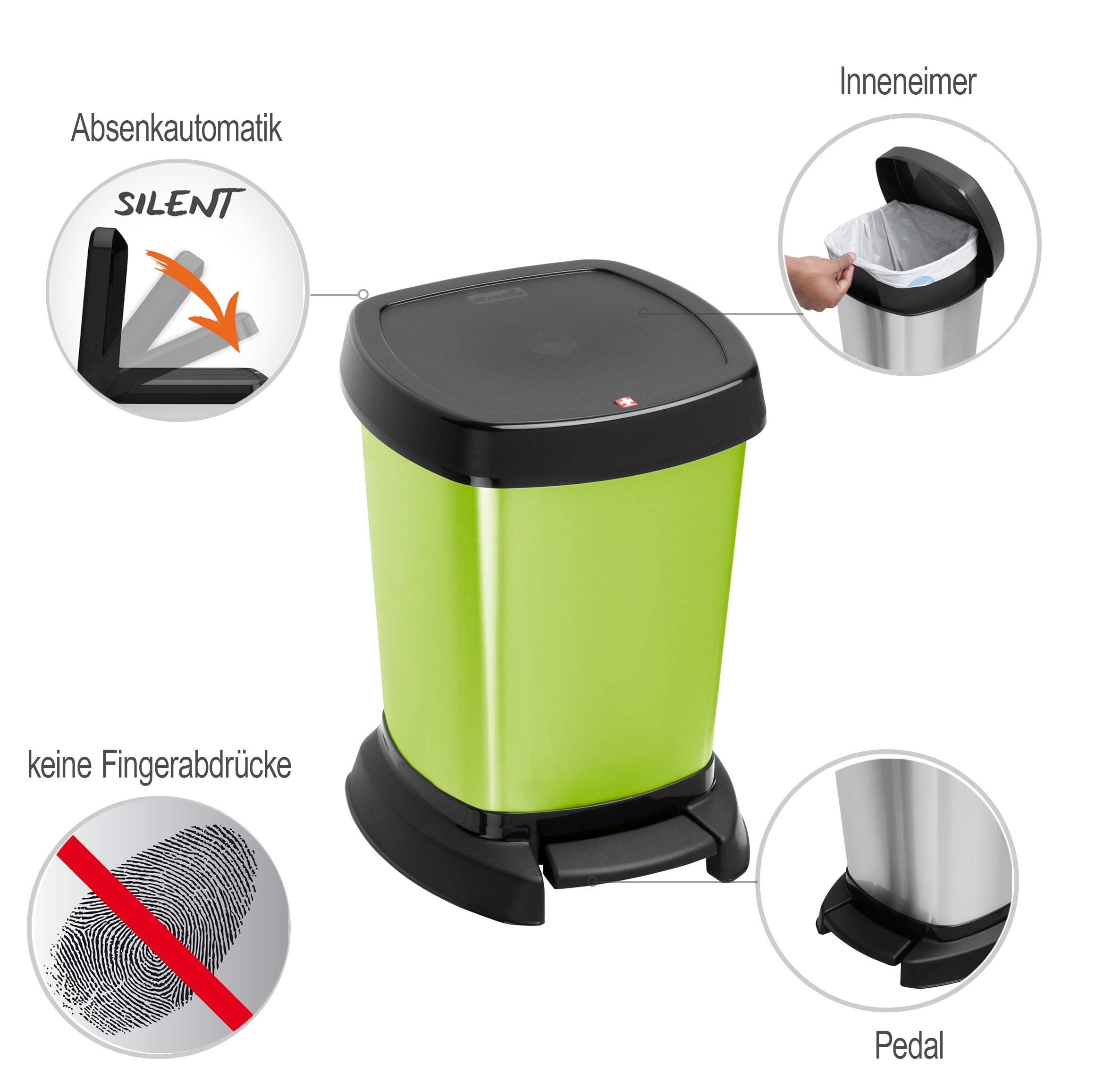 Rotho, Paso, Waste bin 6l for the bathroom with pedal and lid, Plastic (PP) BPA-free, green/metallic, 6l (23,4 x 21,9 x 29,2 cm)