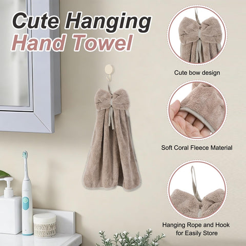 sourcing map 2Pcs Bow Hand Towels with Hanging Loop, 14.2" x 12.2" Soft Coral Fleece Microfiber Bowknot Hanging Hand Dry Towels Quick Dry and