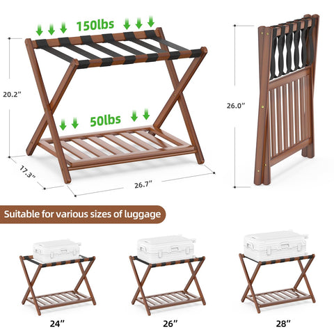 BAMBOOHOMIE Bamboo Luggage Rack for Guest Room, 26.77" Folding Wide Suitcase Stand with Storage Shelf