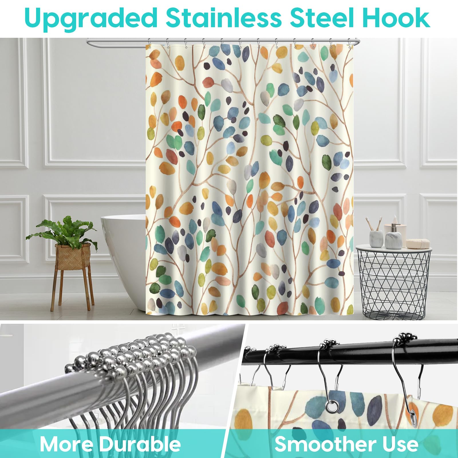 Amaredom Floral Shower Curtain with 12 Metal Hooks - 183 x 183 cm