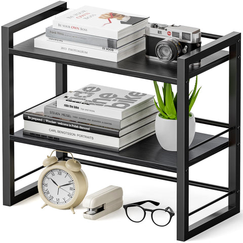 THYGIFTREE Office Desk Shelf Organizer, Wood Desktop Bookshelf Supplies Storage Rack, Shelf for Top of Desk and Dresser (All Black)